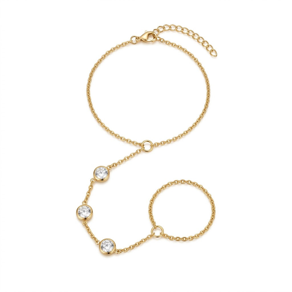 Triple Round Diamond Hand Chain Bracelet - Stainless Steel