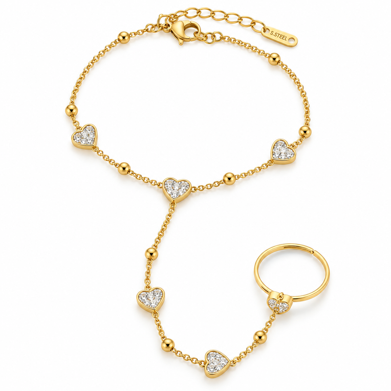 Crystal Heart Ball Hand Chain Bracelet - Stainless Steel
