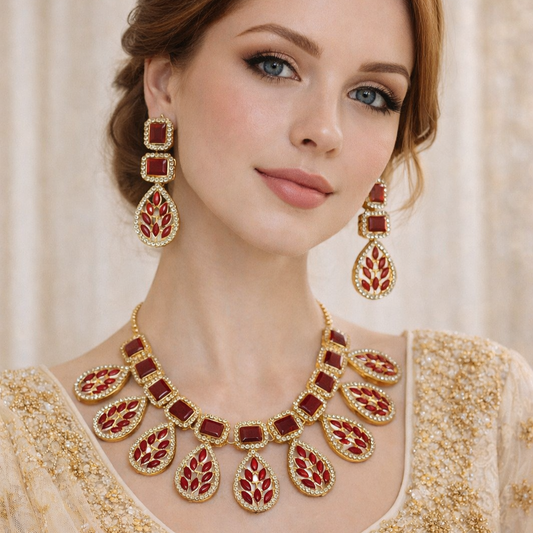 Black Drop Studs Set (Necklace + Earrings + Head Ornament) - Cultural Handmade