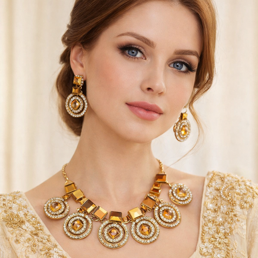 Champagne Round Stud Set (Necklace + Earrings + Head Ornament) - Cultural Handmade