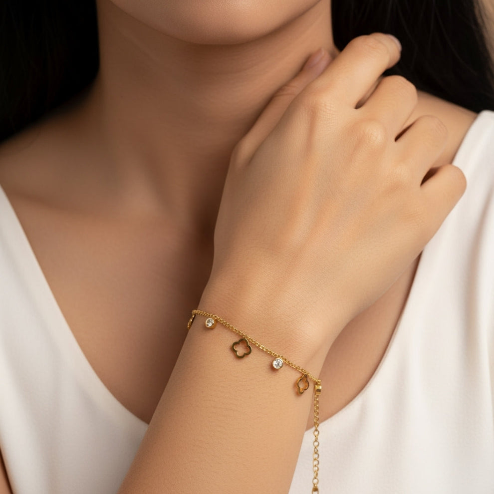 Crystal Hollow Clover Bracelet - Stainless Steel