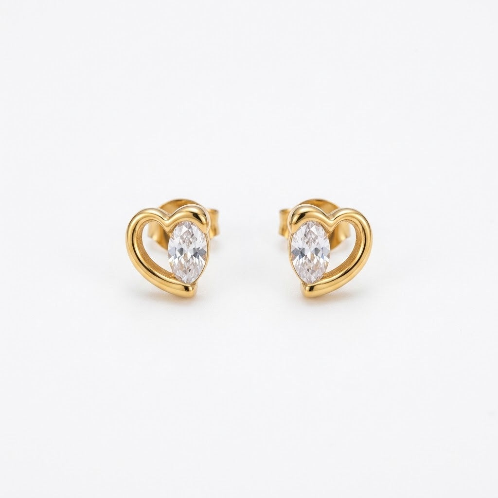 Minimal Diamond in Heart Ear Tops - Stainless Steel