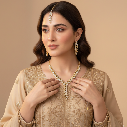 V Shaped Leaf Studs Set (Necklace + Earrings + Head Ornament) - Cultural Handmade