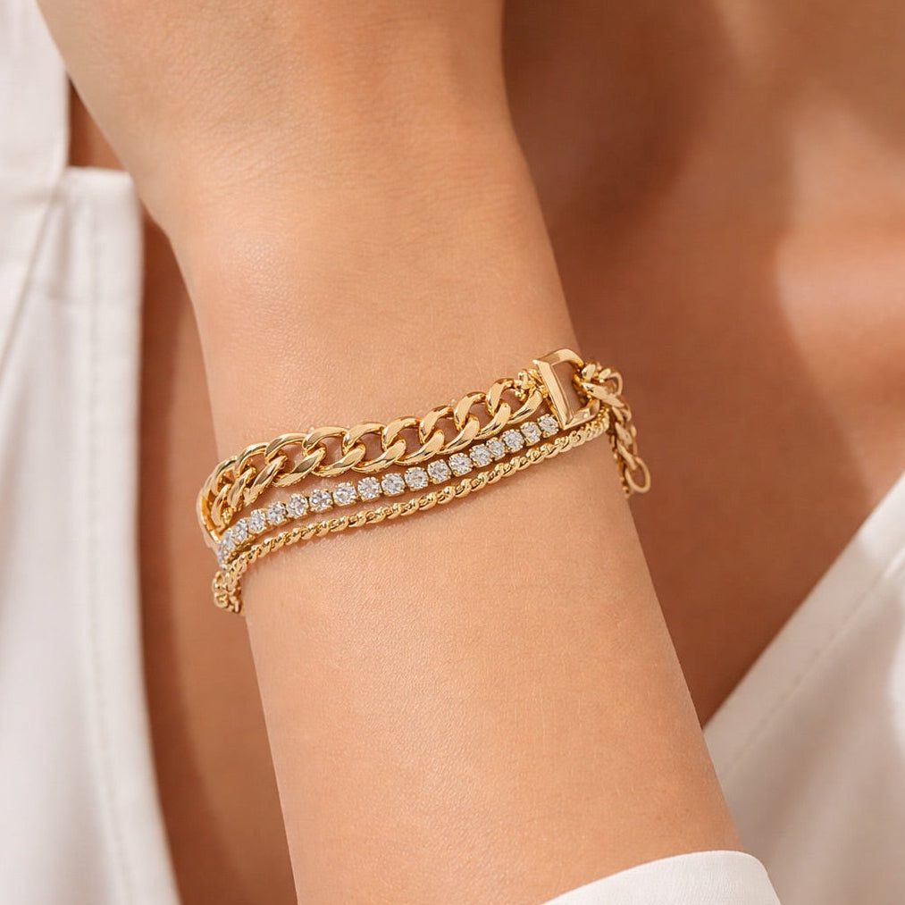 Triple Layer (Beads + Curb + Tennis) Bracelet - Stainless Steel