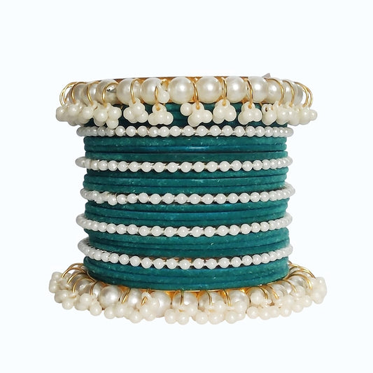 Dark Green Velvet Pearl Gajra Bangle - Metal