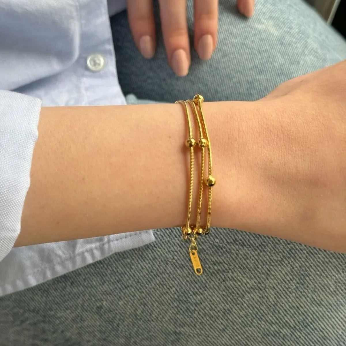 Three Layer Beaded Chain Bracelet - Stainless Steel